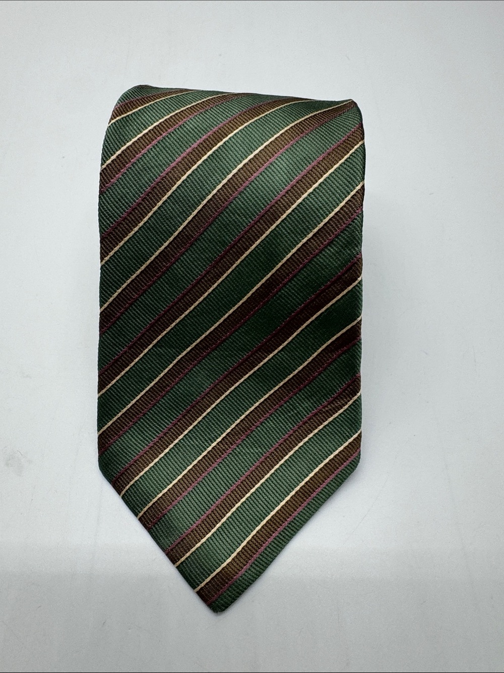 Turnbull & Asser Green Striped Silk Tie with Brown and Cream Accents #0045 - Picture 4 of 5